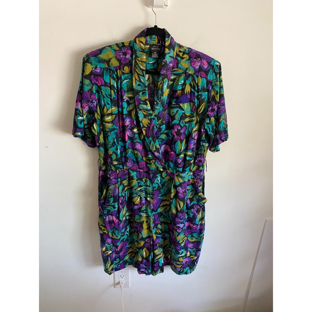 Brett Alixander Vintage 80s 90s Floral Rayon Romper Purple Teal Green Womens M